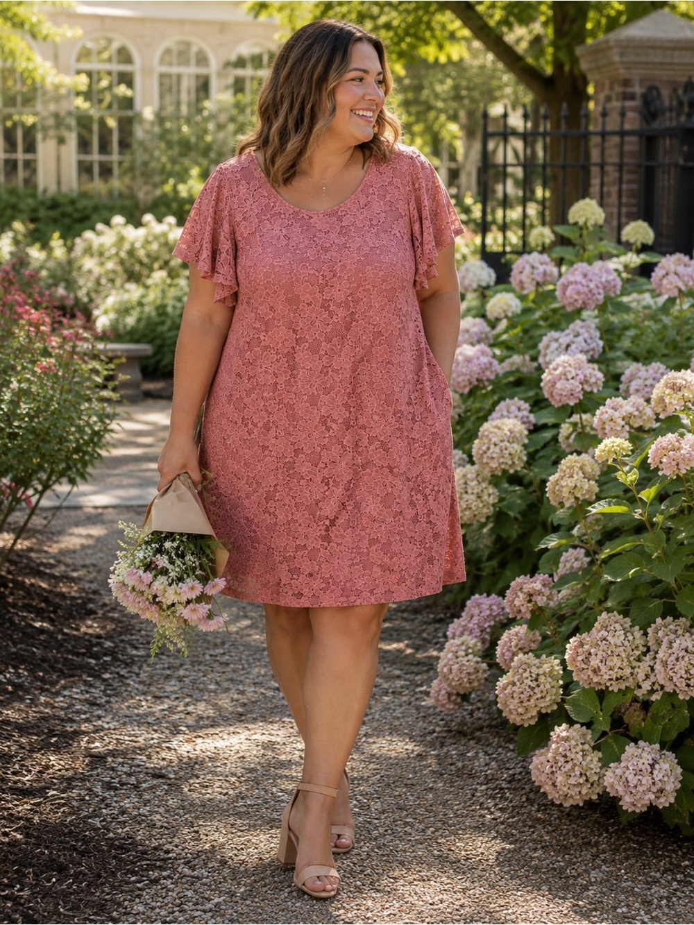 Lane Bryant Dusty Rose Lace Shift Dress Flutter Sleeve Pockets 22/24